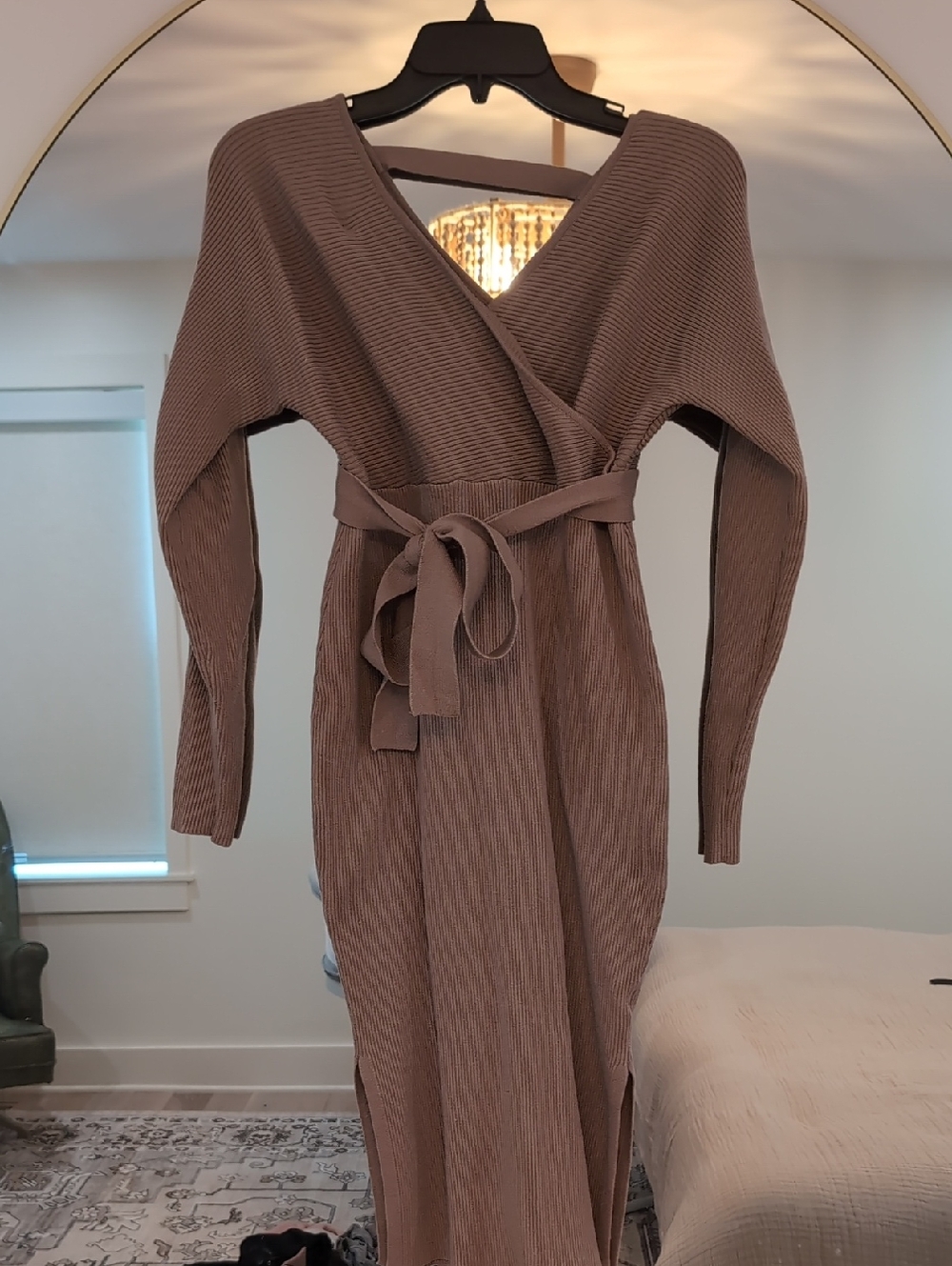 Long Sleeve Wrap Midi Dress in Taupe